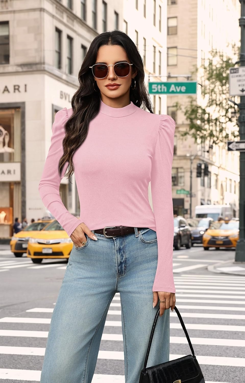 image:imageWIHOLL Long Sleeve Shirt for Women Puff Sleeve Knit Tops Casual 2026Pink
