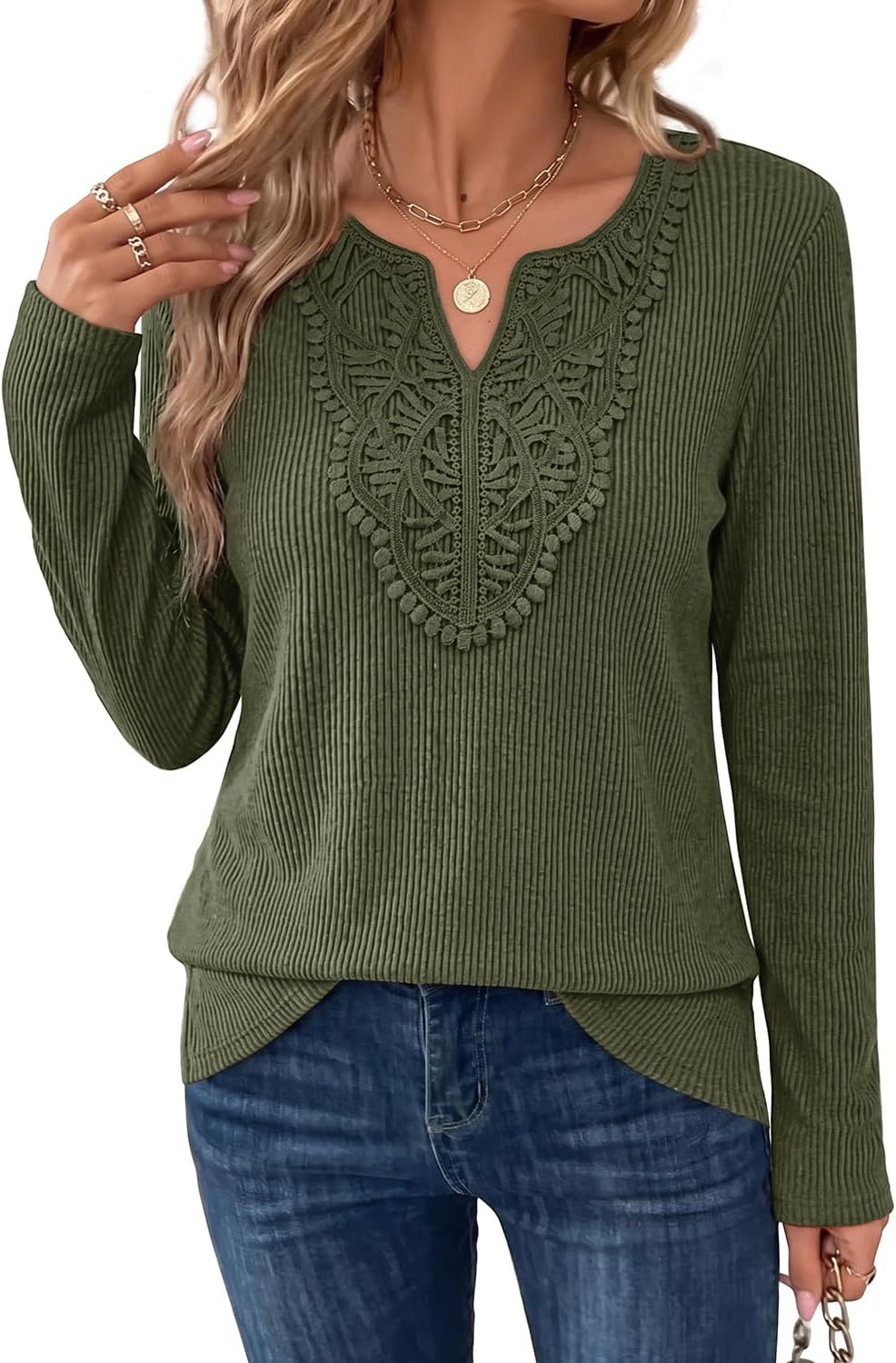 image:imageWIHOLL Long Sleeve Shirts for Women Boho Tops 2026 Fall Fashion ClothesGreen