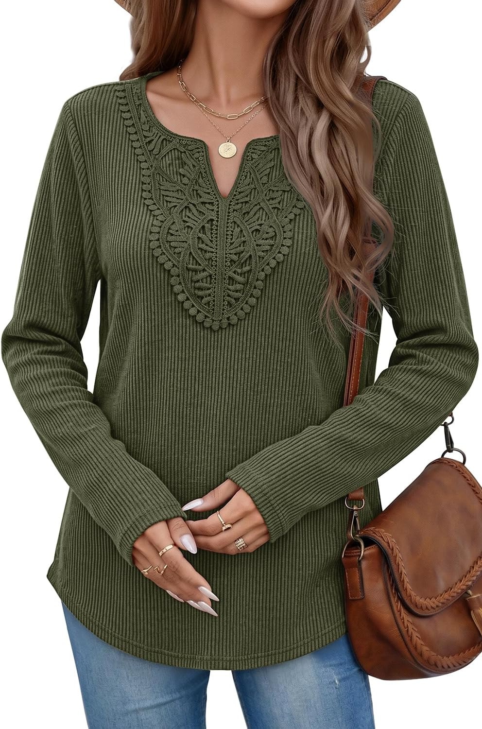 image:imageWIHOLL Long Sleeve Shirts for Women Boho Tops 2026 Fall Fashion ClothesGreen