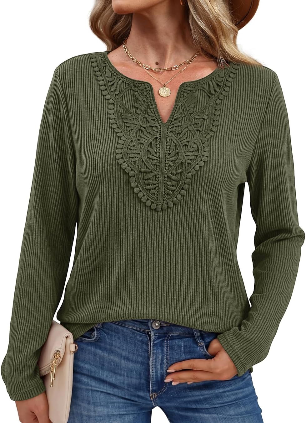 image:imageWIHOLL Long Sleeve Shirts for Women Boho Tops 2026 Fall Fashion ClothesGreen