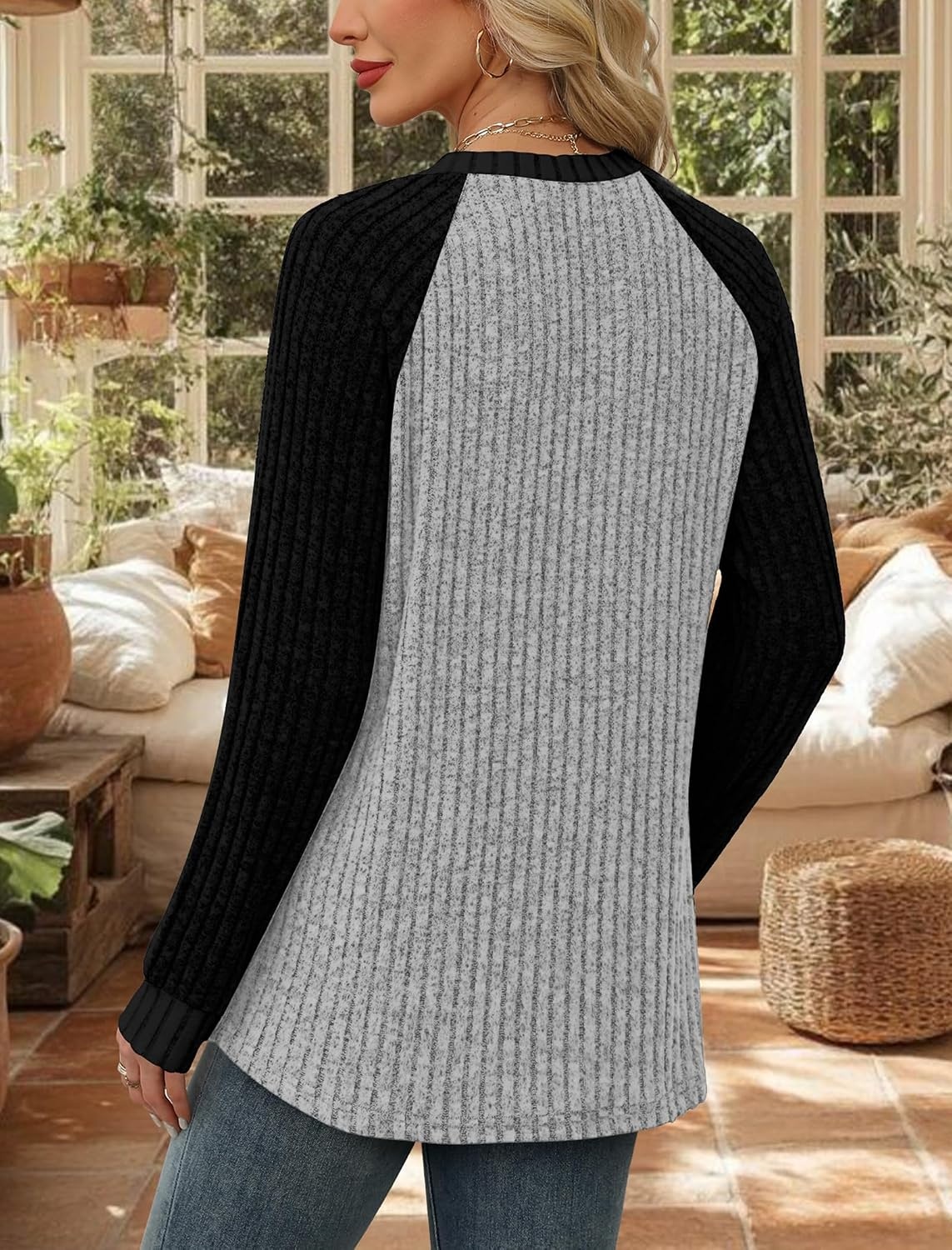 image:imageWIHOLL Long Sleeve Shirts for Women Lightweight Sweaters Fall Outfits 2026 Color Block Winter Clothing Dressy Casual SoftBlack Grey