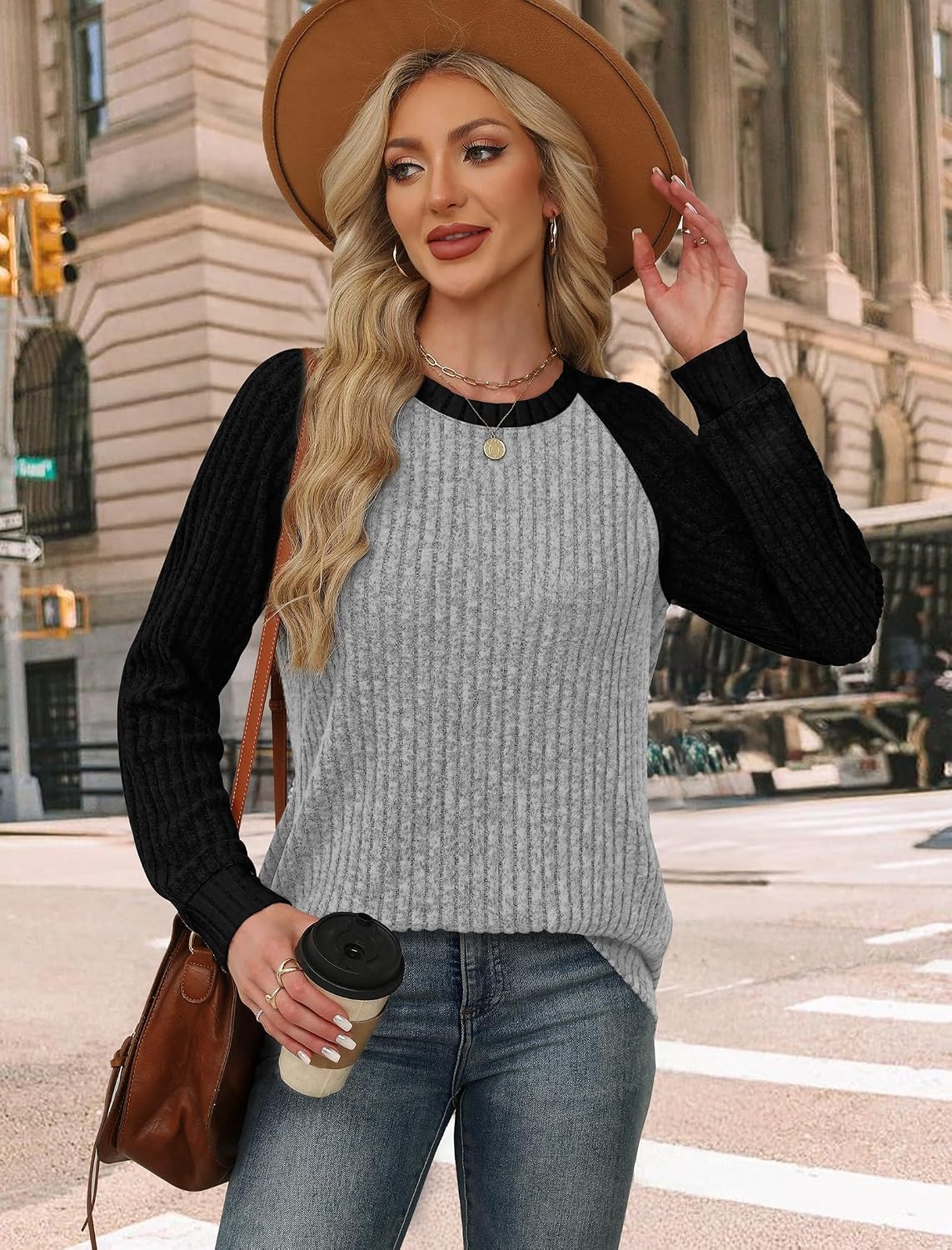 image:imageWIHOLL Long Sleeve Shirts for Women Lightweight Sweaters Fall Outfits 2026 Color Block Winter Clothing Dressy Casual SoftBlack Grey