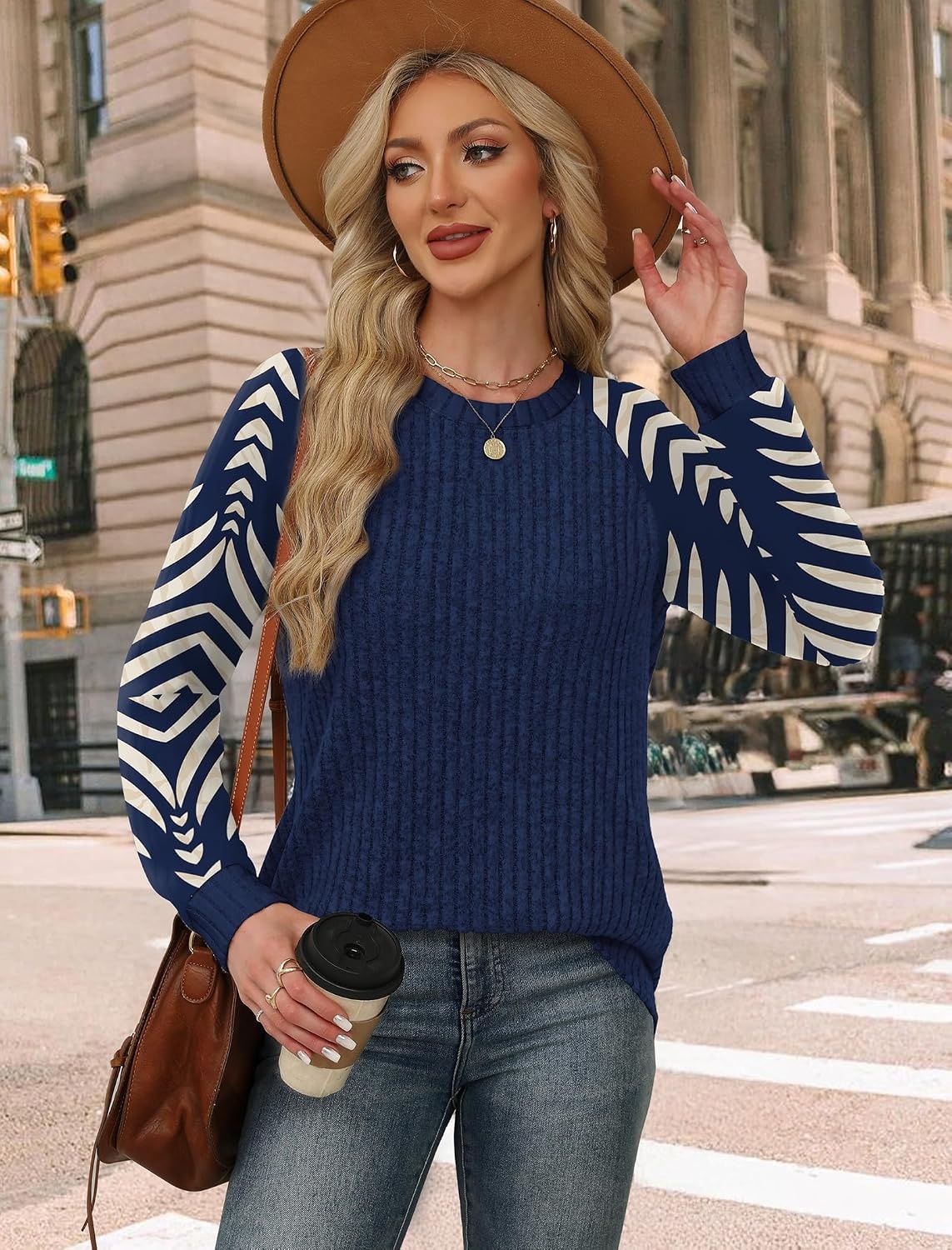 image:imageWIHOLL Long Sleeve Shirts for Women Lightweight Sweaters Fall Outfits 2026 Color Block Winter Clothing Dressy Casual SoftBlue Apricot