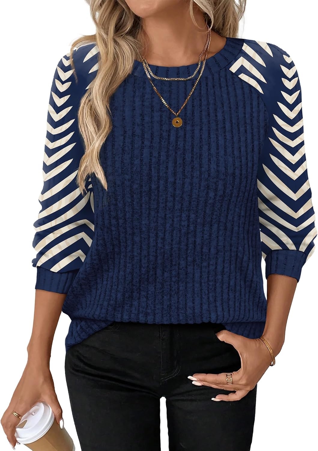 image:imageWIHOLL Long Sleeve Shirts for Women Lightweight Sweaters Fall Outfits 2026 Color Block Winter Clothing Dressy Casual SoftBlue Apricot