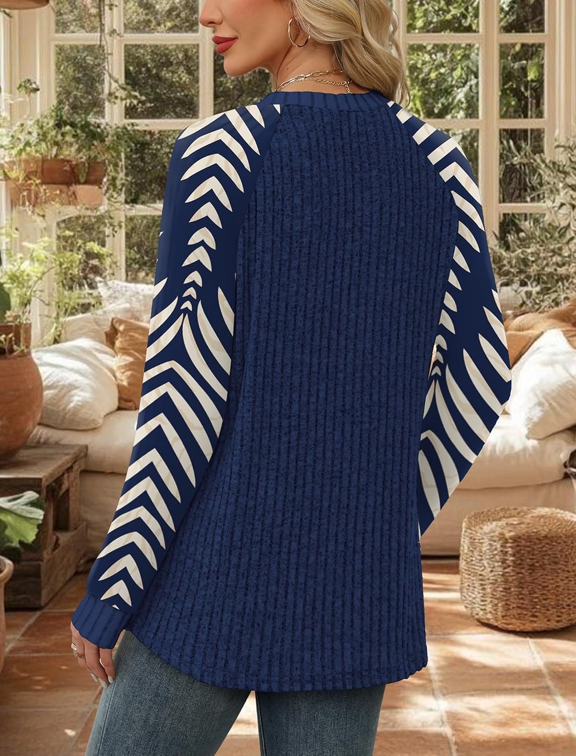image:imageWIHOLL Long Sleeve Shirts for Women Lightweight Sweaters Fall Outfits 2026 Color Block Winter Clothing Dressy Casual SoftBlue Apricot