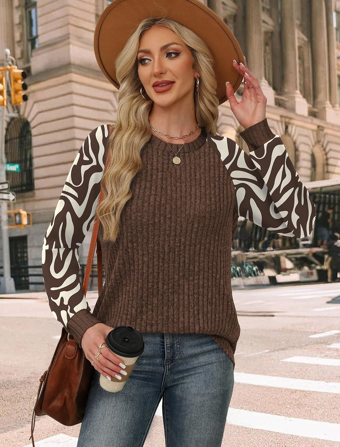 image:imageWIHOLL Long Sleeve Shirts for Women Lightweight Sweaters Fall Outfits 2026 Color Block Winter Clothing Dressy Casual SoftBrown Apricot
