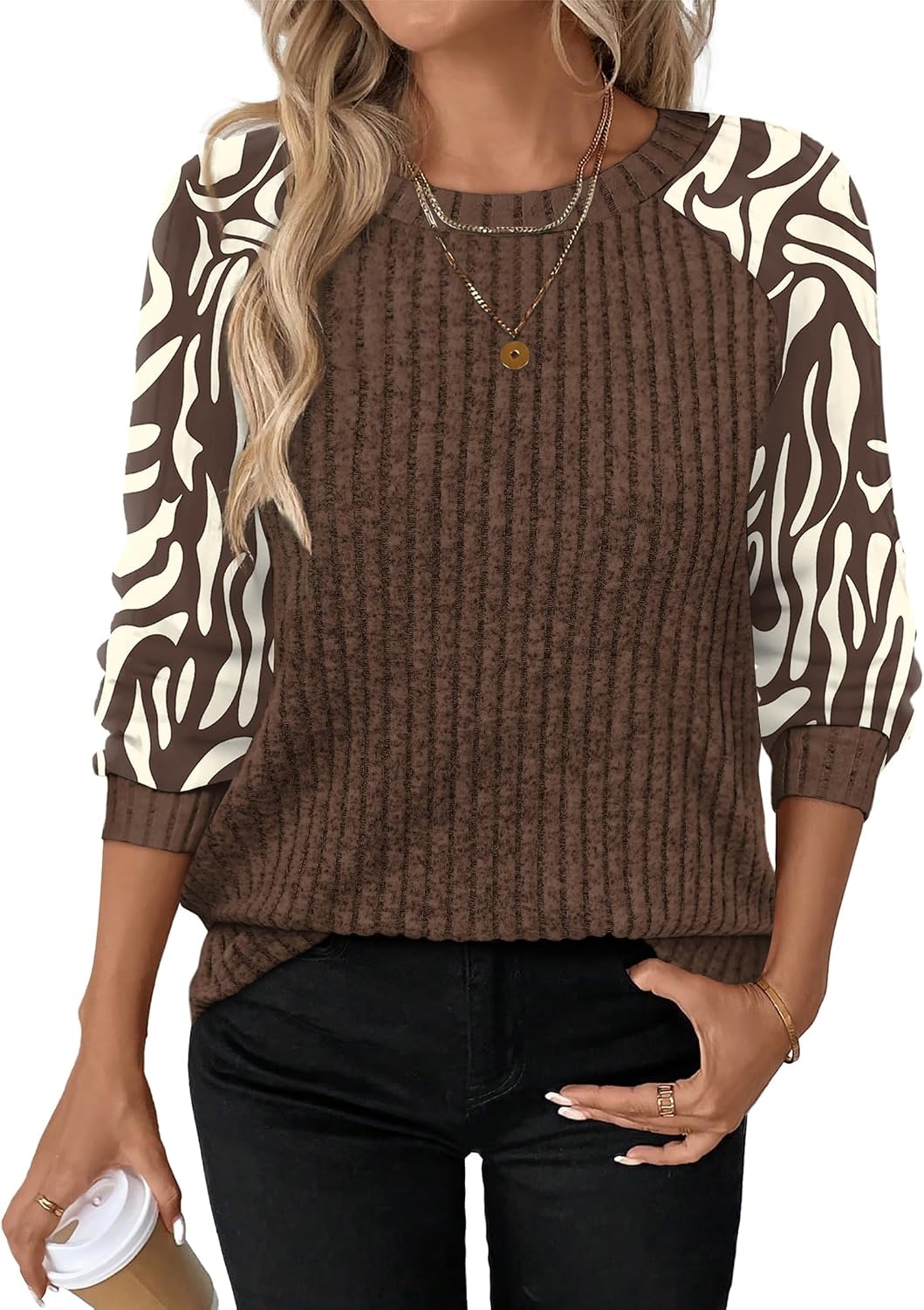 image:imageWIHOLL Long Sleeve Shirts for Women Lightweight Sweaters Fall Outfits 2026 Color Block Winter Clothing Dressy Casual SoftBrown Apricot