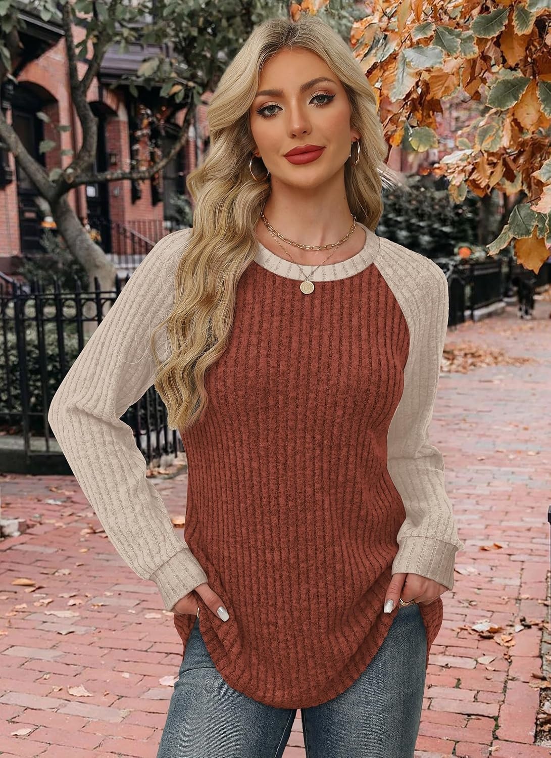 image:imageWIHOLL Long Sleeve Shirts for Women Lightweight Sweaters Fall Outfits 2026 Color Block Winter Clothing Dressy Casual SoftCaramel Apricot