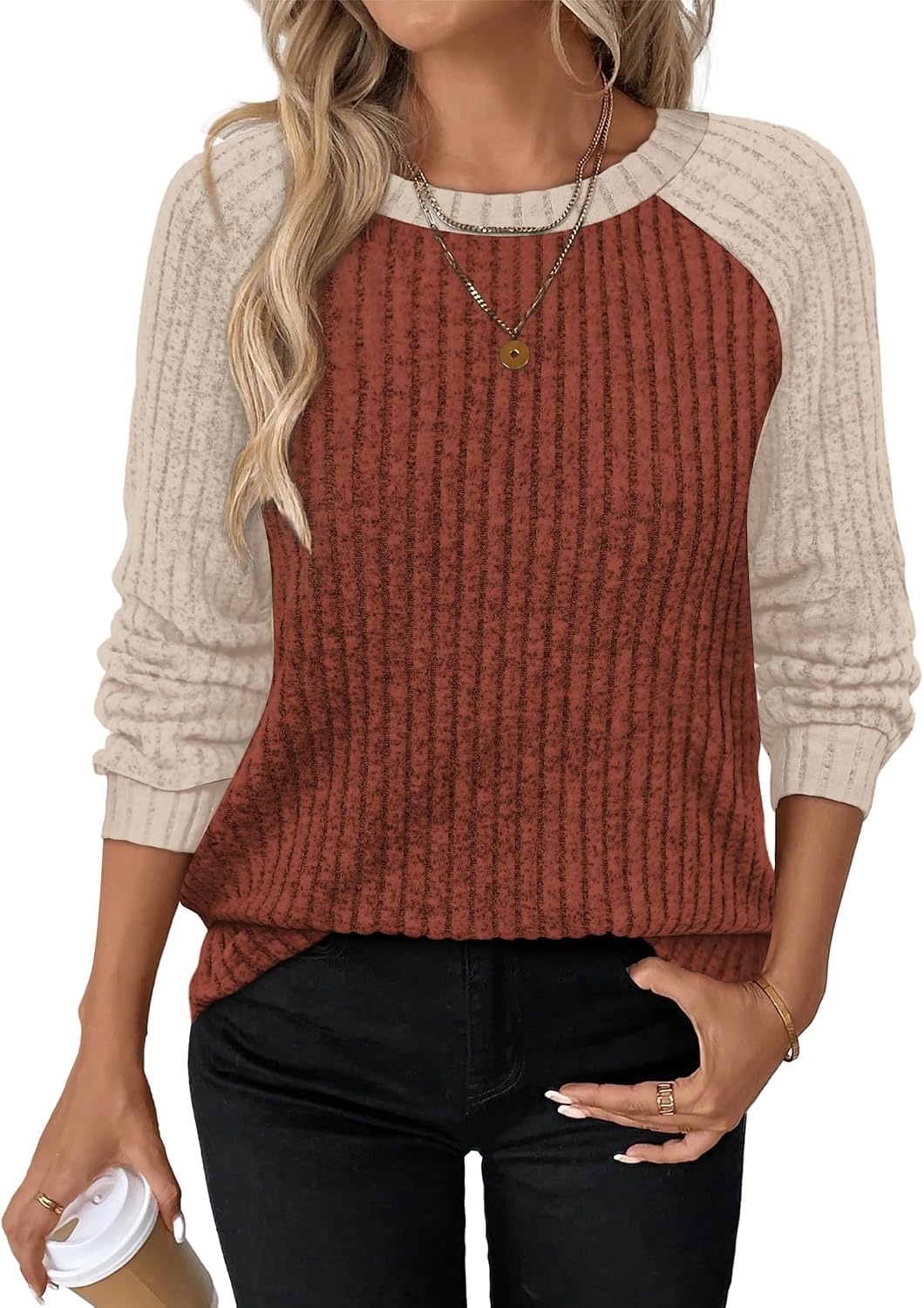 image:imageWIHOLL Long Sleeve Shirts for Women Lightweight Sweaters Fall Outfits 2026 Color Block Winter Clothing Dressy Casual SoftCaramel Apricot