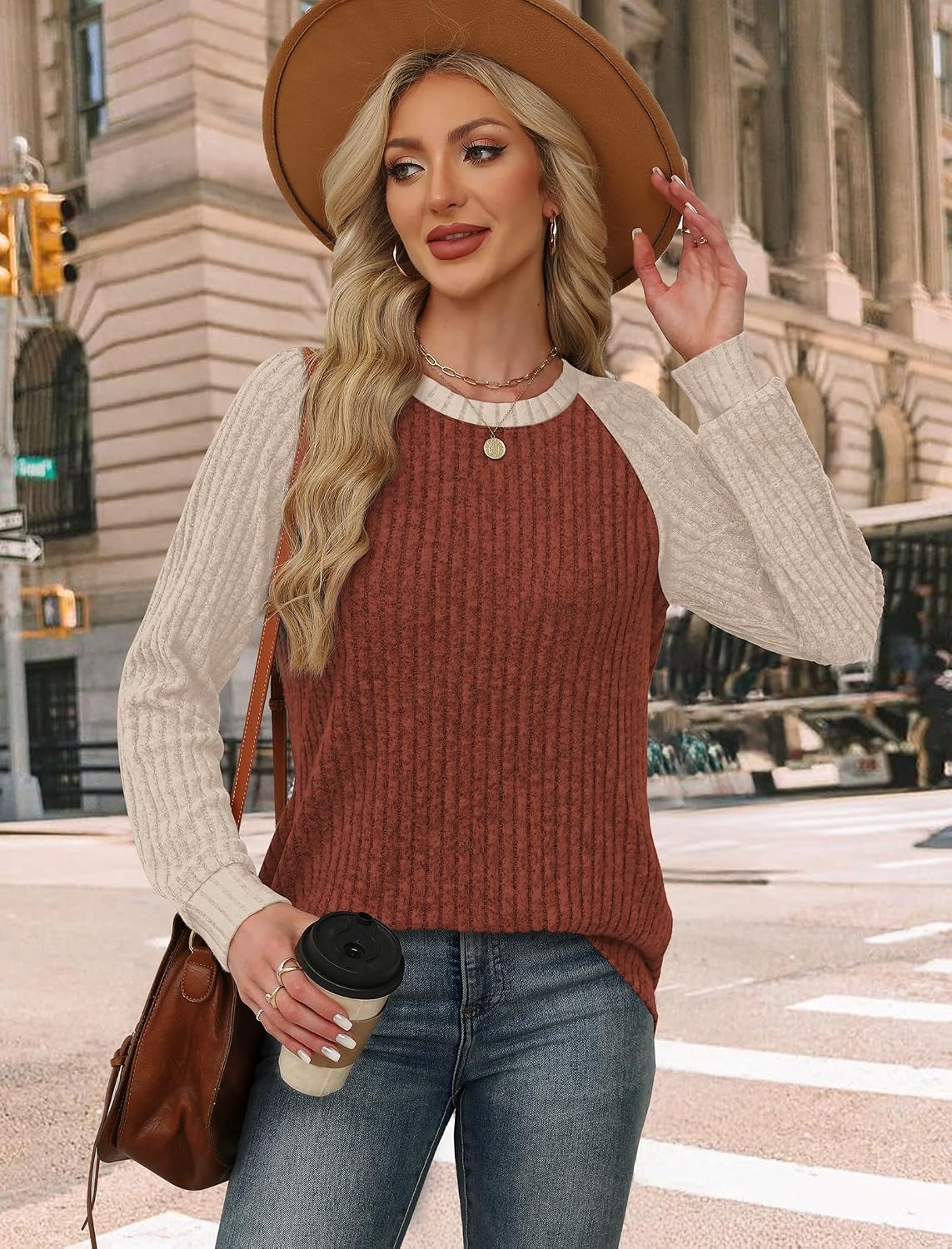 image:imageWIHOLL Long Sleeve Shirts for Women Lightweight Sweaters Fall Outfits 2026 Color Block Winter Clothing Dressy Casual SoftCaramel Apricot