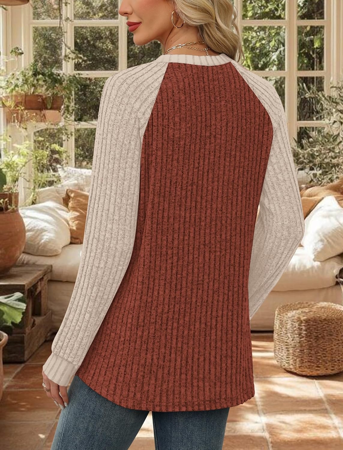 image:imageWIHOLL Long Sleeve Shirts for Women Lightweight Sweaters Fall Outfits 2026 Color Block Winter Clothing Dressy Casual SoftCaramel Apricot