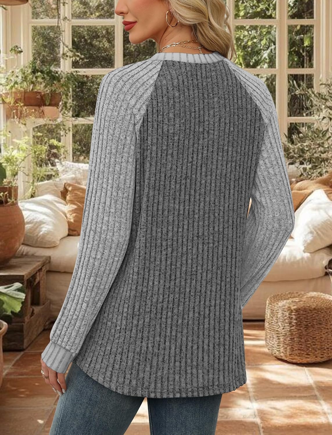image:imageWIHOLL Long Sleeve Shirts for Women Lightweight Sweaters Fall Outfits 2026 Color Block Winter Clothing Dressy Casual SoftGrey White