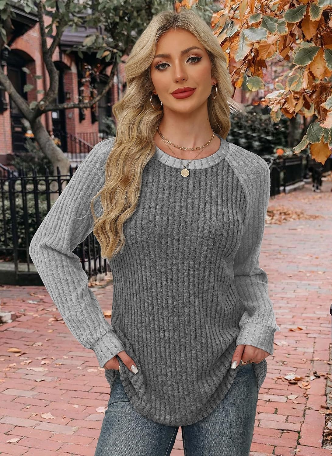 image:imageWIHOLL Long Sleeve Shirts for Women Lightweight Sweaters Fall Outfits 2026 Color Block Winter Clothing Dressy Casual SoftGrey White