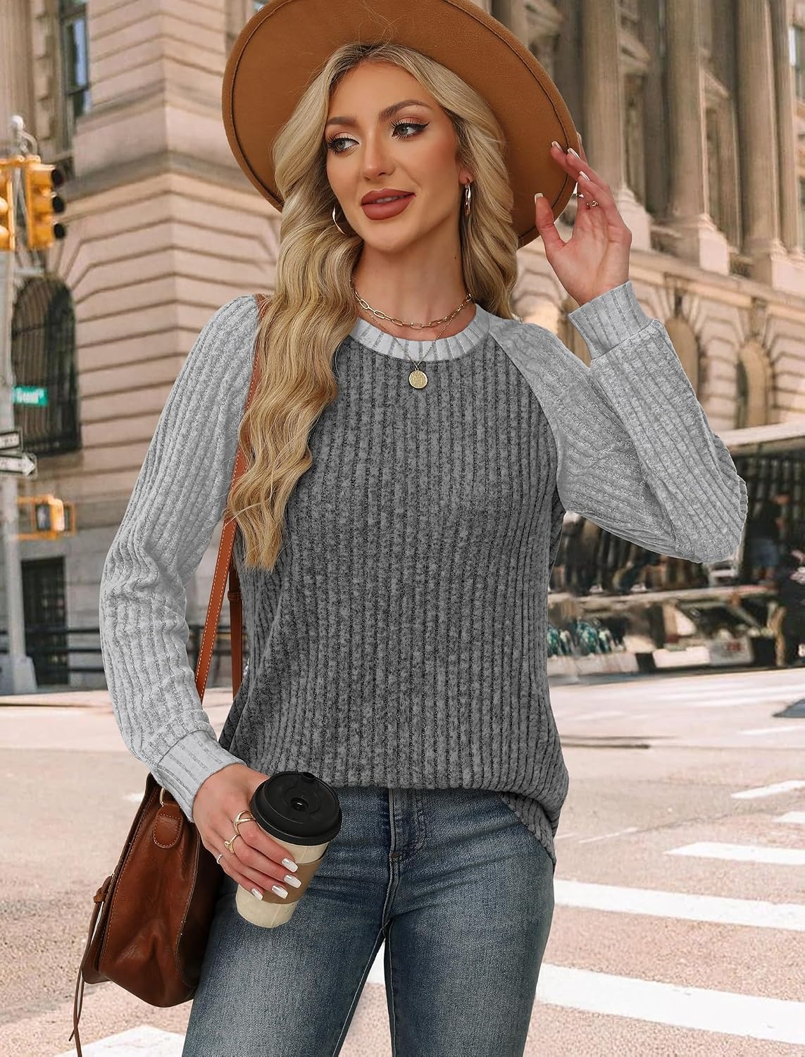 image:imageWIHOLL Long Sleeve Shirts for Women Lightweight Sweaters Fall Outfits 2026 Color Block Winter Clothing Dressy Casual SoftGrey White