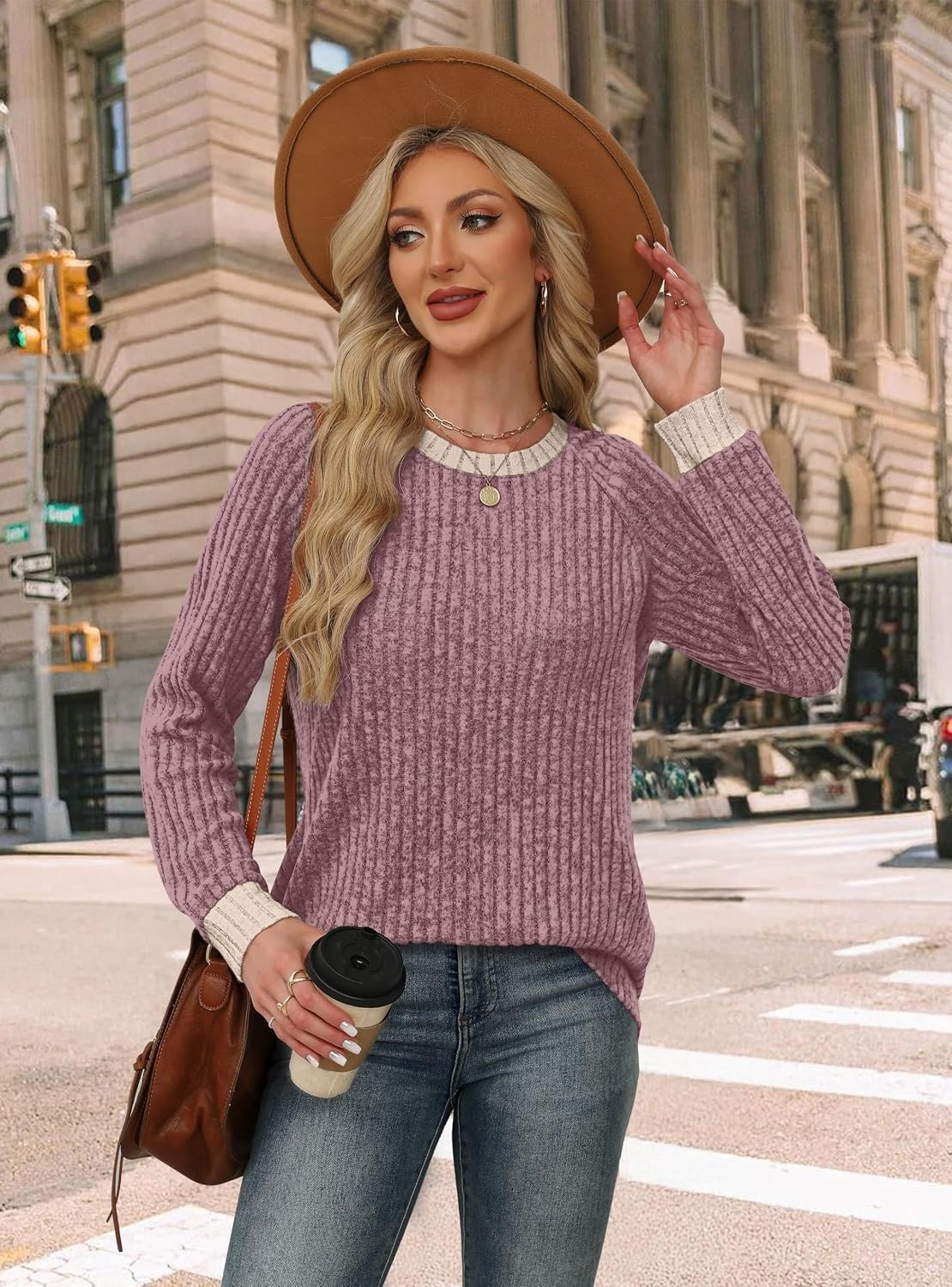 image:imageWIHOLL Long Sleeve Shirts for Women Lightweight Sweaters Fall Outfits 2026 Color Block Winter Clothing Dressy Casual SoftMauve