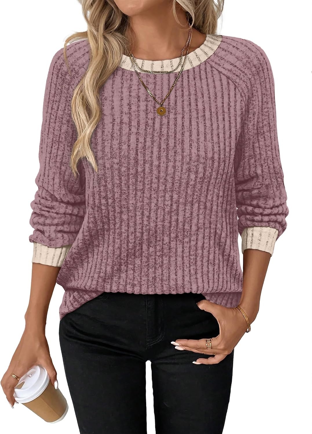 image:imageWIHOLL Long Sleeve Shirts for Women Lightweight Sweaters Fall Outfits 2026 Color Block Winter Clothing Dressy Casual SoftMauve