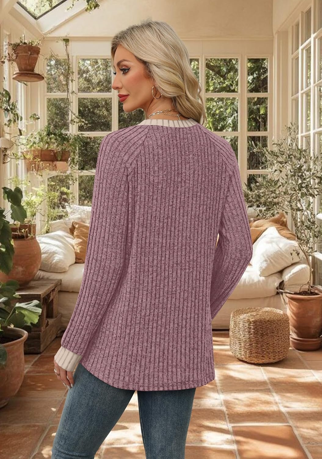 image:imageWIHOLL Long Sleeve Shirts for Women Lightweight Sweaters Fall Outfits 2026 Color Block Winter Clothing Dressy Casual SoftMauve