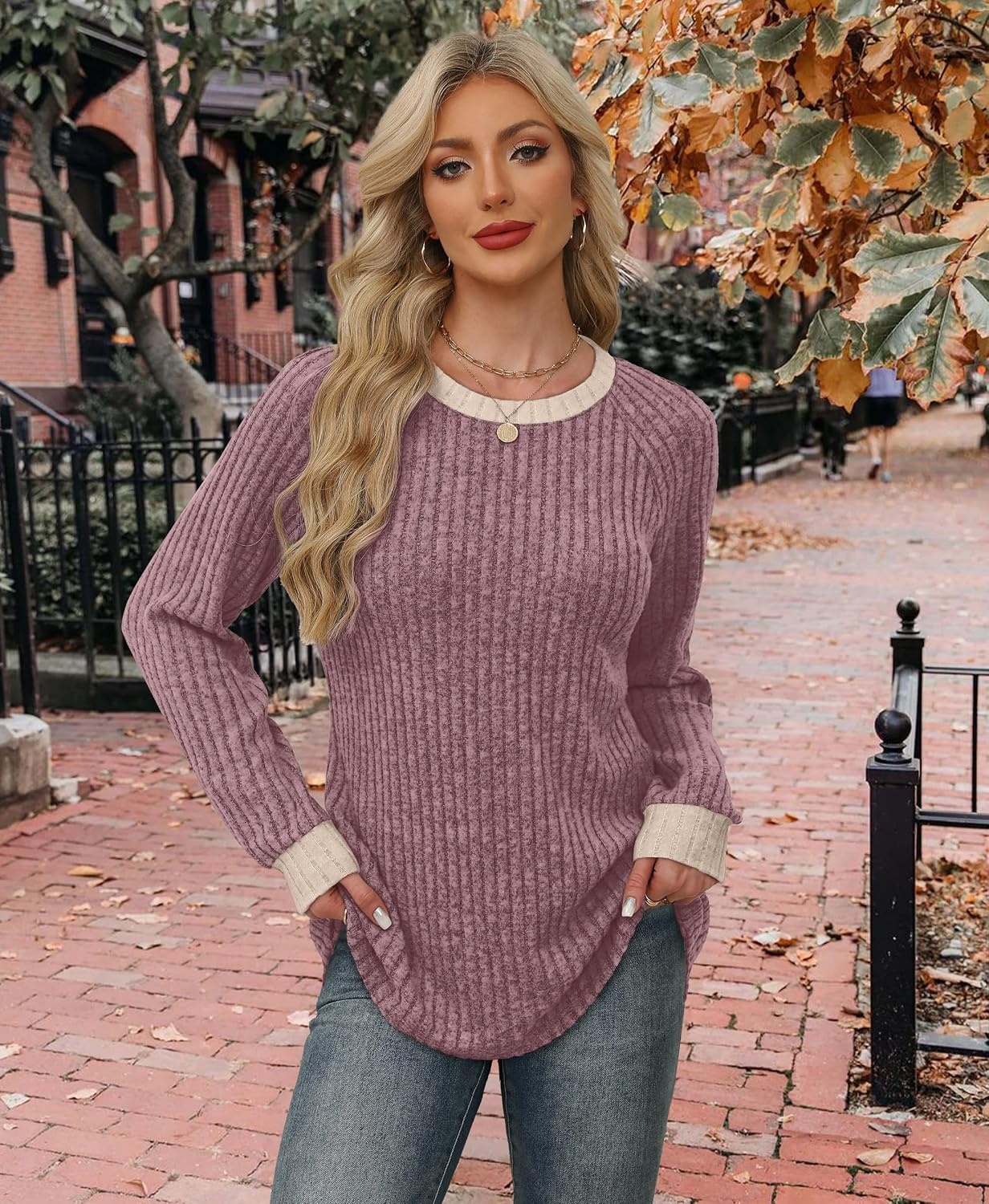 image:imageWIHOLL Long Sleeve Shirts for Women Lightweight Sweaters Fall Outfits 2026 Color Block Winter Clothing Dressy Casual SoftMauve