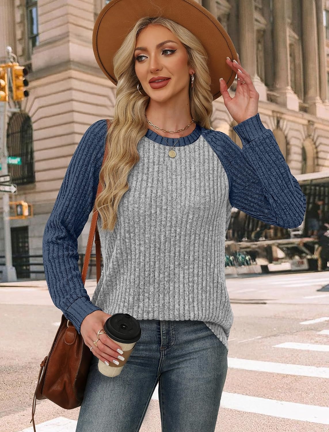 image:imageWIHOLL Long Sleeve Shirts for Women Lightweight Sweaters Fall Outfits 2026 Color Block Winter Clothing Dressy Casual SoftNavy Blue Grey