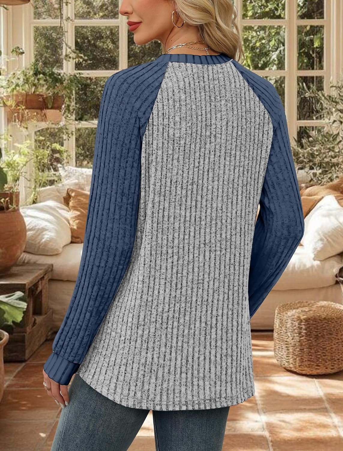 image:imageWIHOLL Long Sleeve Shirts for Women Lightweight Sweaters Fall Outfits 2026 Color Block Winter Clothing Dressy Casual SoftNavy Blue Grey