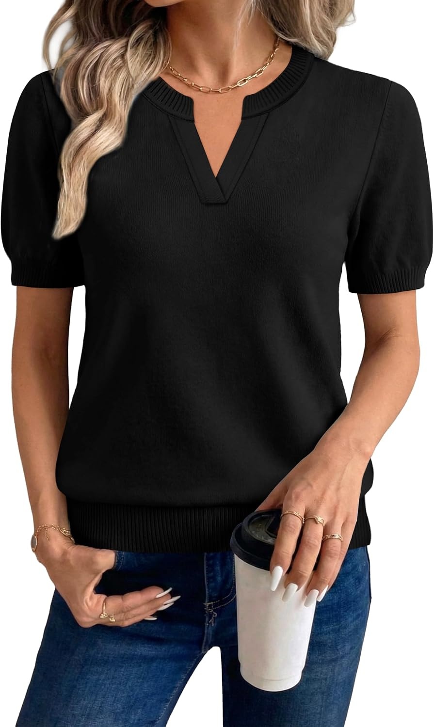 image:imageWIHOLL Short Sleeve Sweater Tops 2026 Spring Summer Trendy Knit Business Casual Essential V Neck Sweaters01 Black