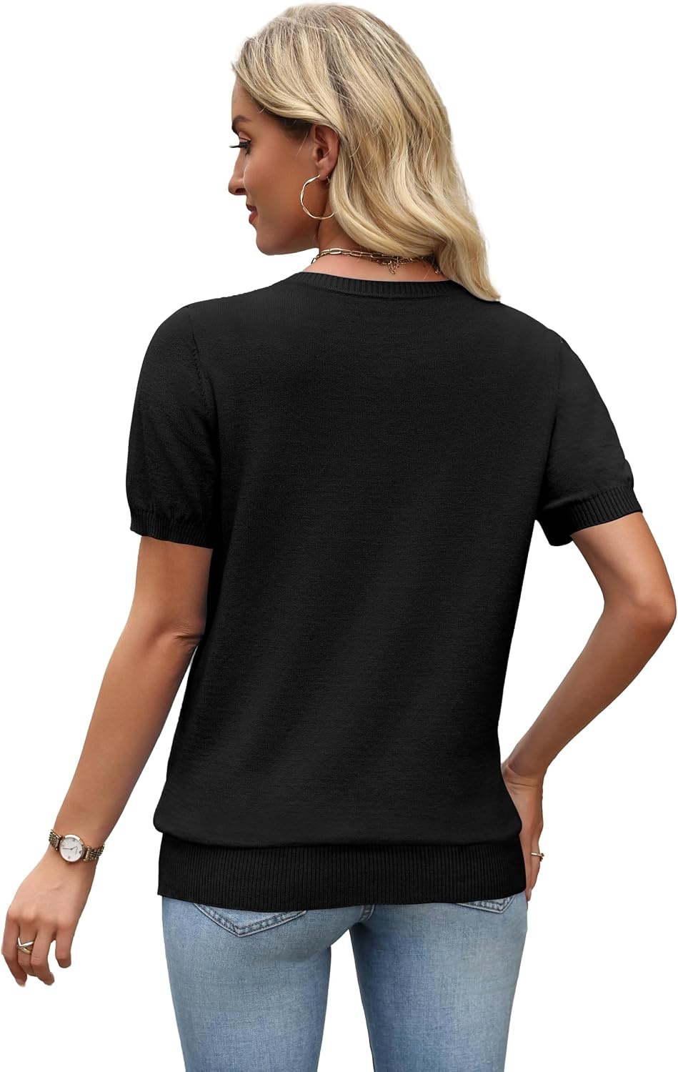 image:imageWIHOLL Short Sleeve Sweater Tops 2026 Spring Summer Trendy Knit Business Casual Essential V Neck Sweaters01 Black