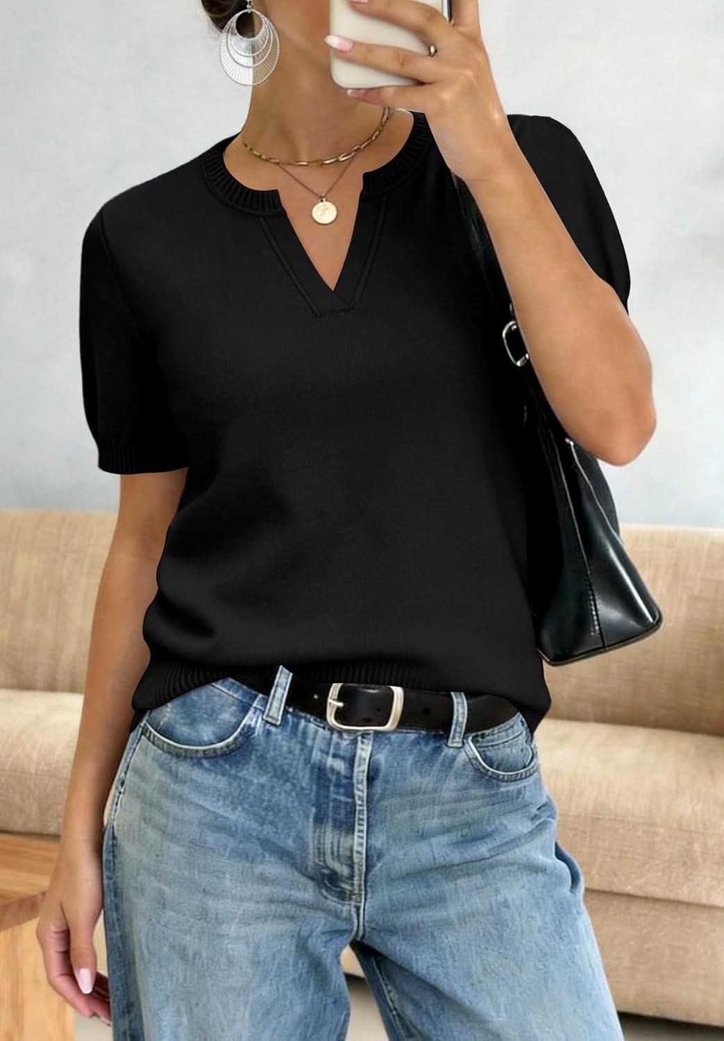 image:imageWIHOLL Short Sleeve Sweater Tops 2026 Spring Summer Trendy Knit Business Casual Essential V Neck Sweaters01 Black