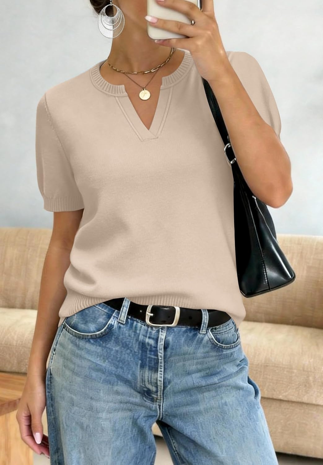 image:imageWIHOLL Short Sleeve Sweater Tops 2026 Spring Summer Trendy Knit Business Casual Essential V Neck Sweaters02 Apricot