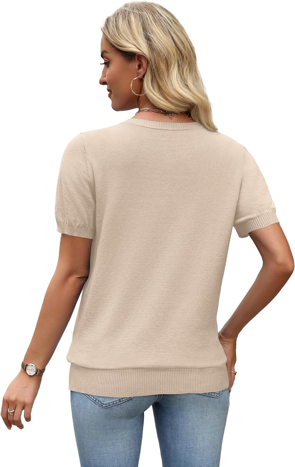 image:imageWIHOLL Short Sleeve Sweater Tops 2026 Spring Summer Trendy Knit Business Casual Essential V Neck Sweaters02 Apricot