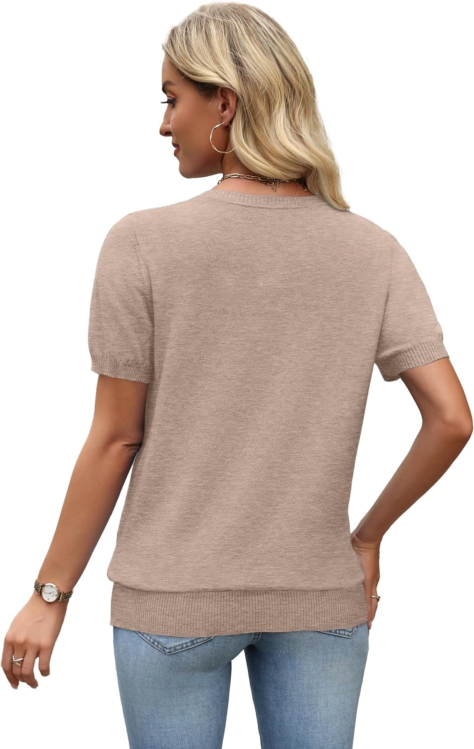 image:imageWIHOLL Short Sleeve Sweater Tops 2026 Spring Summer Trendy Knit Business Casual Essential V Neck Sweaters02 Brown