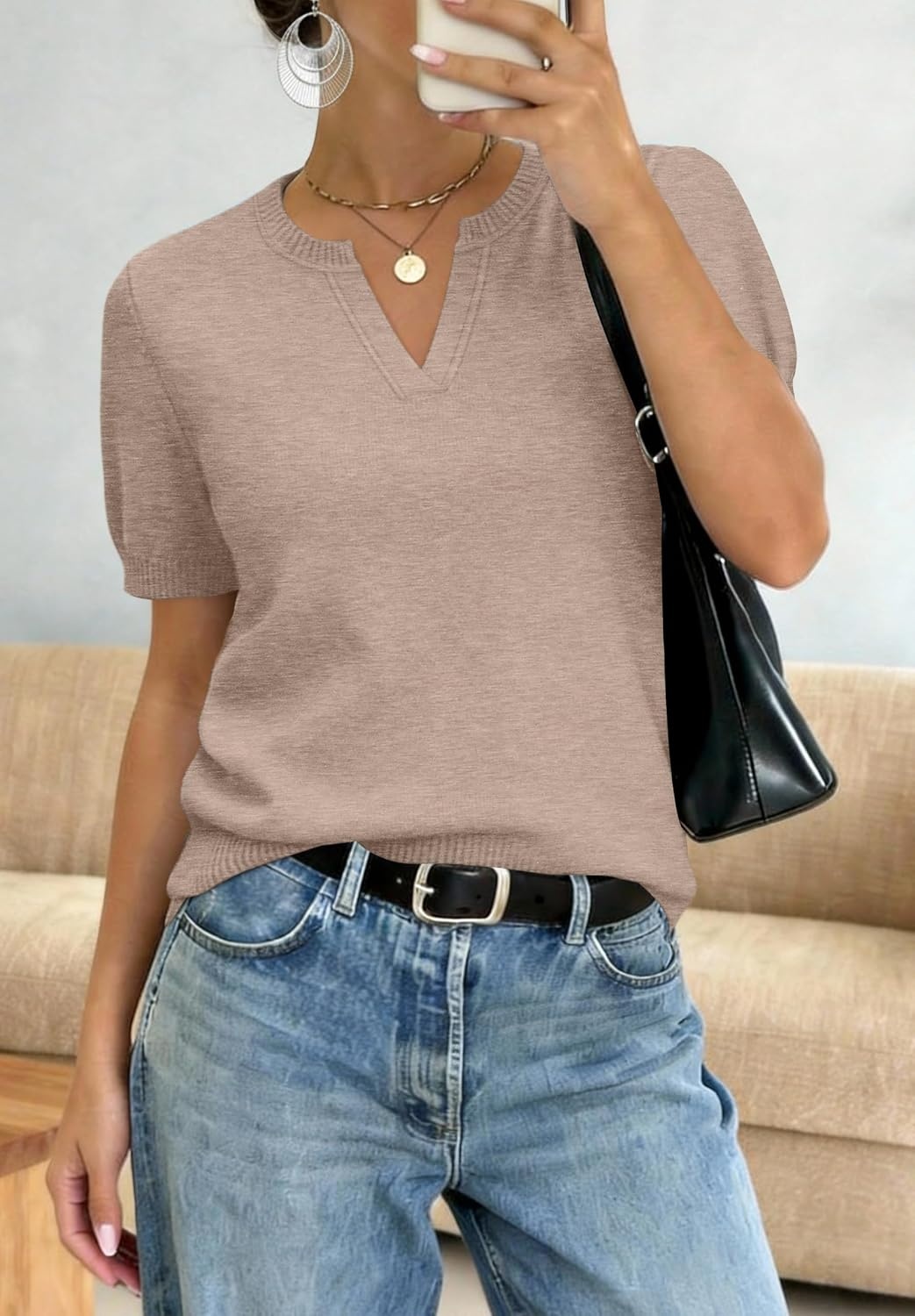 image:imageWIHOLL Short Sleeve Sweater Tops 2026 Spring Summer Trendy Knit Business Casual Essential V Neck Sweaters02 Brown