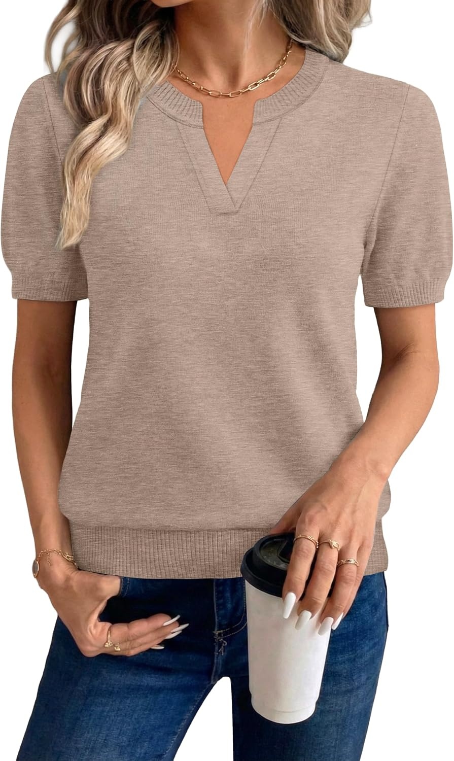 image:imageWIHOLL Short Sleeve Sweater Tops 2026 Spring Summer Trendy Knit Business Casual Essential V Neck Sweaters02 Brown