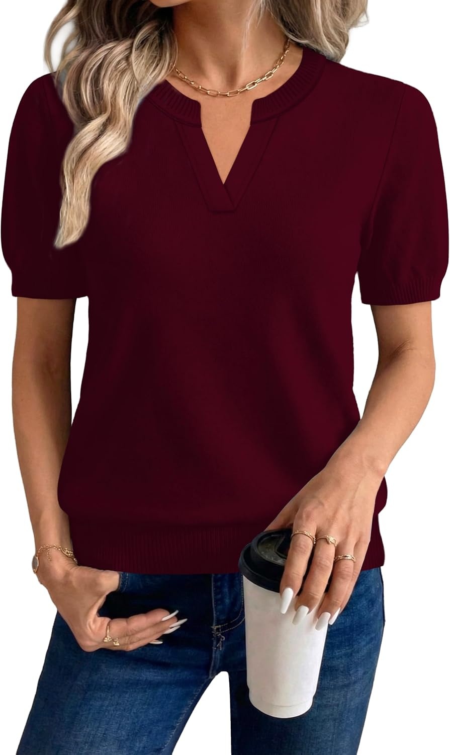 image:imageWIHOLL Short Sleeve Sweater Tops 2026 Spring Summer Trendy Knit Business Casual Essential V Neck Sweaters02 Burgundy Purple