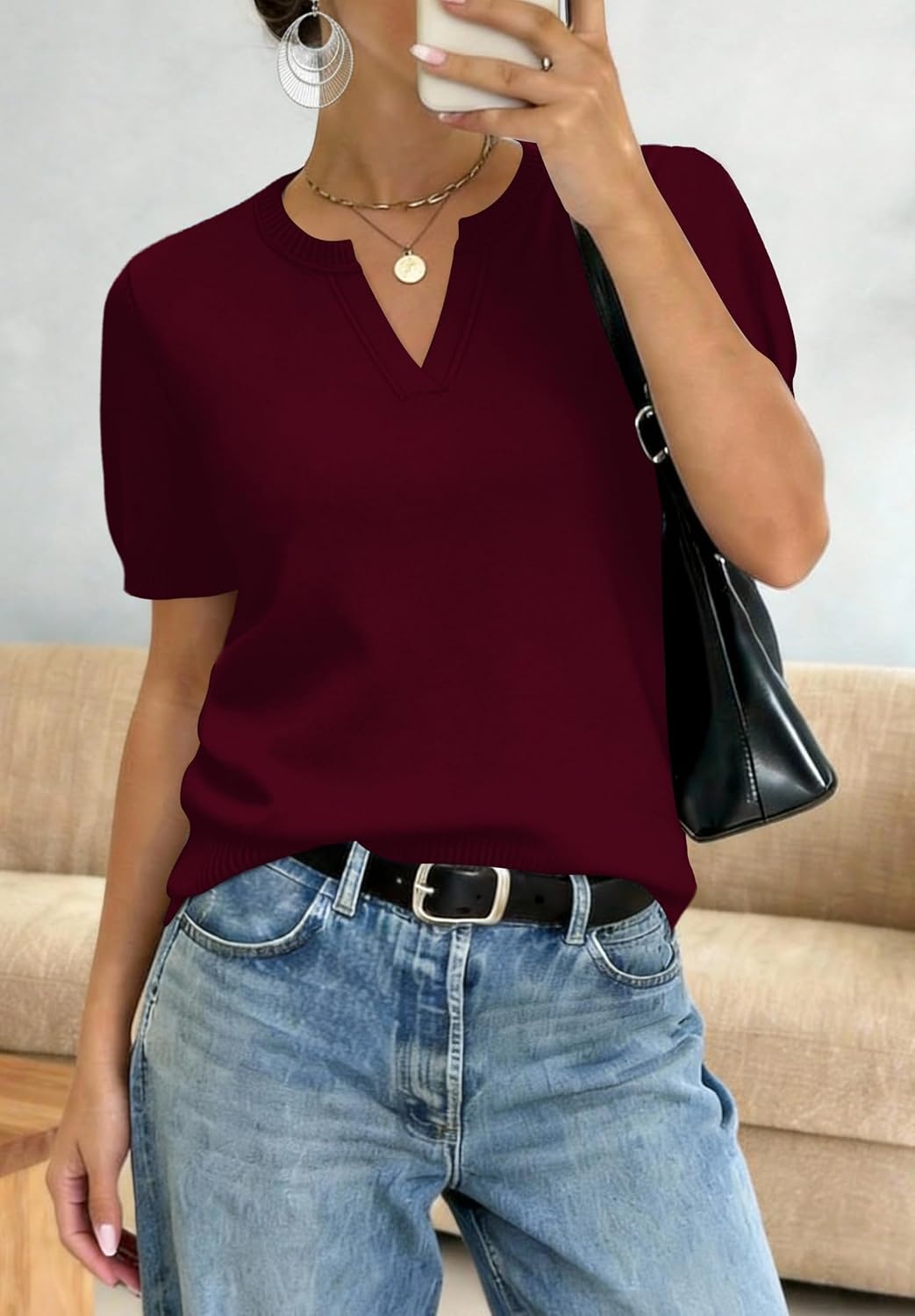 image:imageWIHOLL Short Sleeve Sweater Tops 2026 Spring Summer Trendy Knit Business Casual Essential V Neck Sweaters02 Burgundy Purple