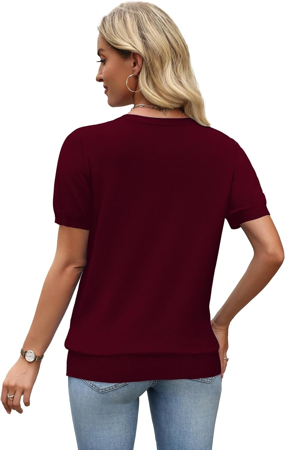 image:imageWIHOLL Short Sleeve Sweater Tops 2026 Spring Summer Trendy Knit Business Casual Essential V Neck Sweaters02 Burgundy Purple