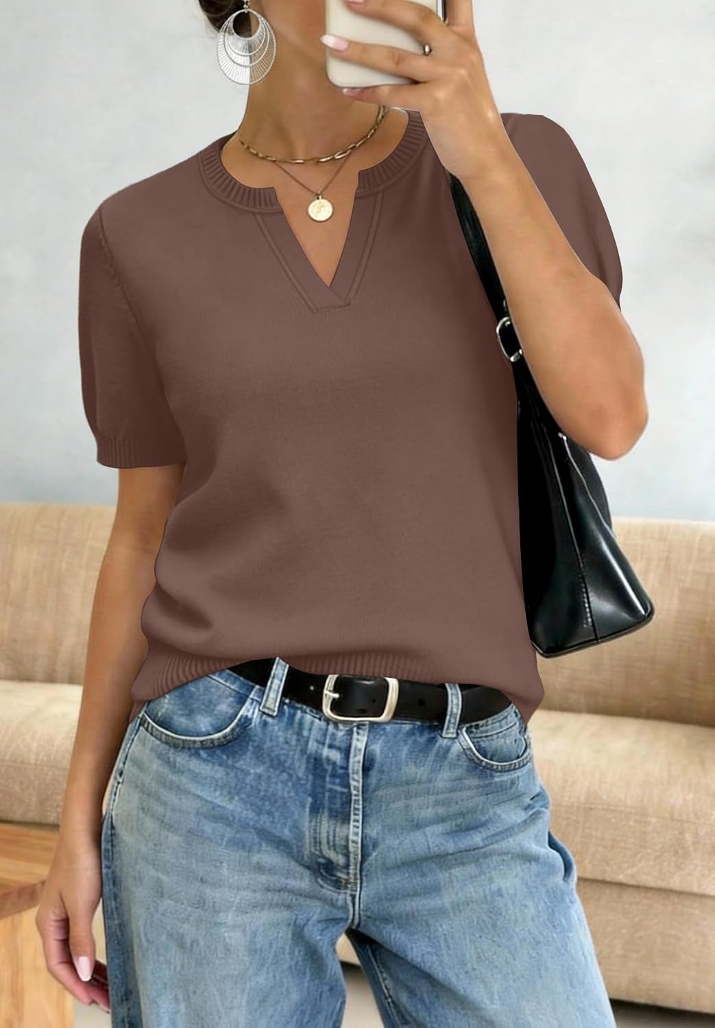 image:imageWIHOLL Short Sleeve Sweater Tops 2026 Spring Summer Trendy Knit Business Casual Essential V Neck Sweaters02 Coffee