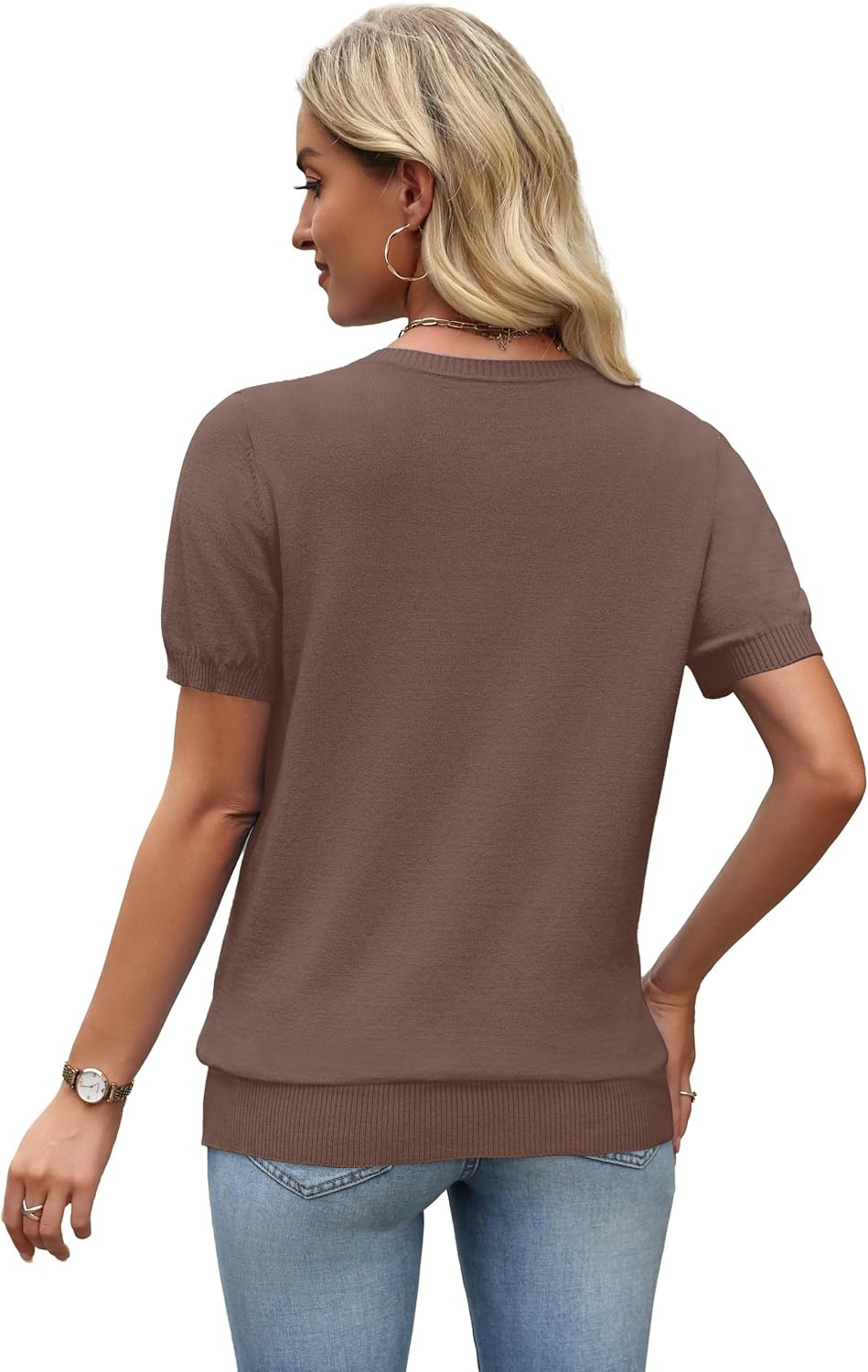 image:imageWIHOLL Short Sleeve Sweater Tops 2026 Spring Summer Trendy Knit Business Casual Essential V Neck Sweaters02 Coffee