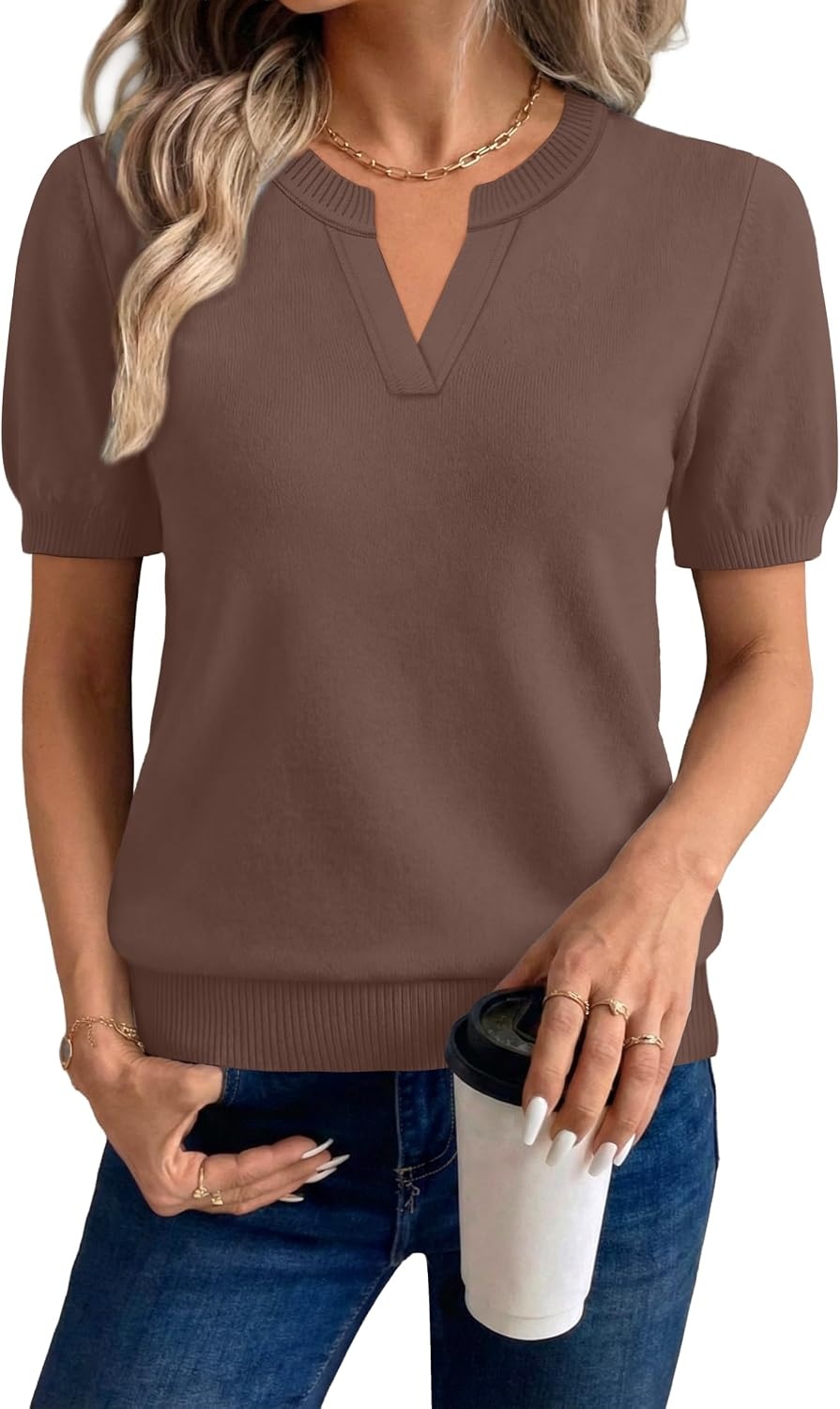 image:imageWIHOLL Short Sleeve Sweater Tops 2026 Spring Summer Trendy Knit Business Casual Essential V Neck Sweaters02 Coffee