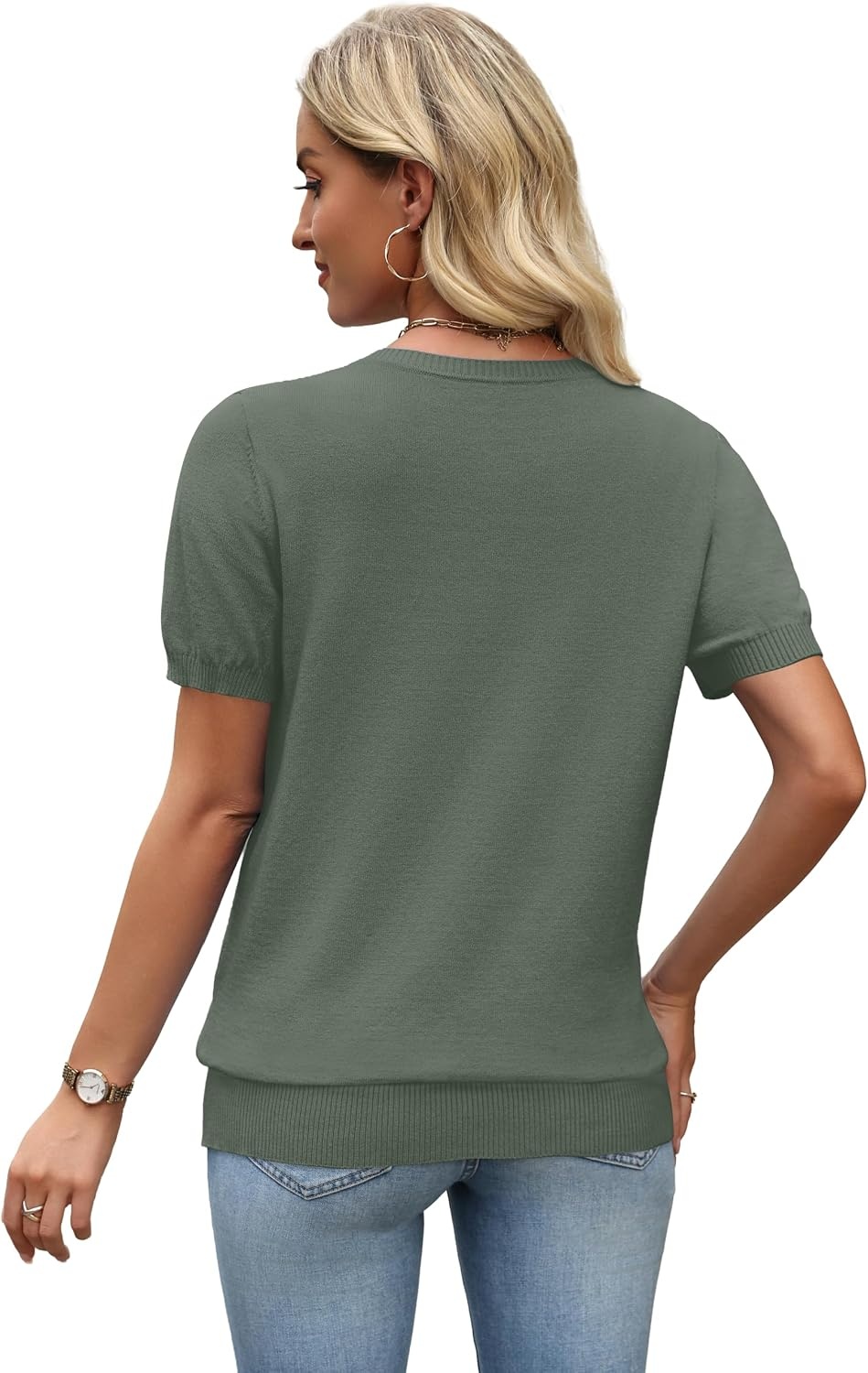image:imageWIHOLL Short Sleeve Sweater Tops 2026 Spring Summer Trendy Knit Business Casual Essential V Neck Sweaters02 Green