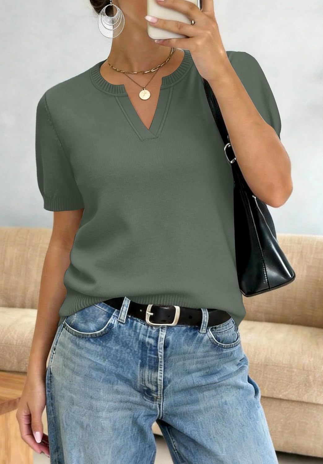 image:imageWIHOLL Short Sleeve Sweater Tops 2026 Spring Summer Trendy Knit Business Casual Essential V Neck Sweaters02 Green