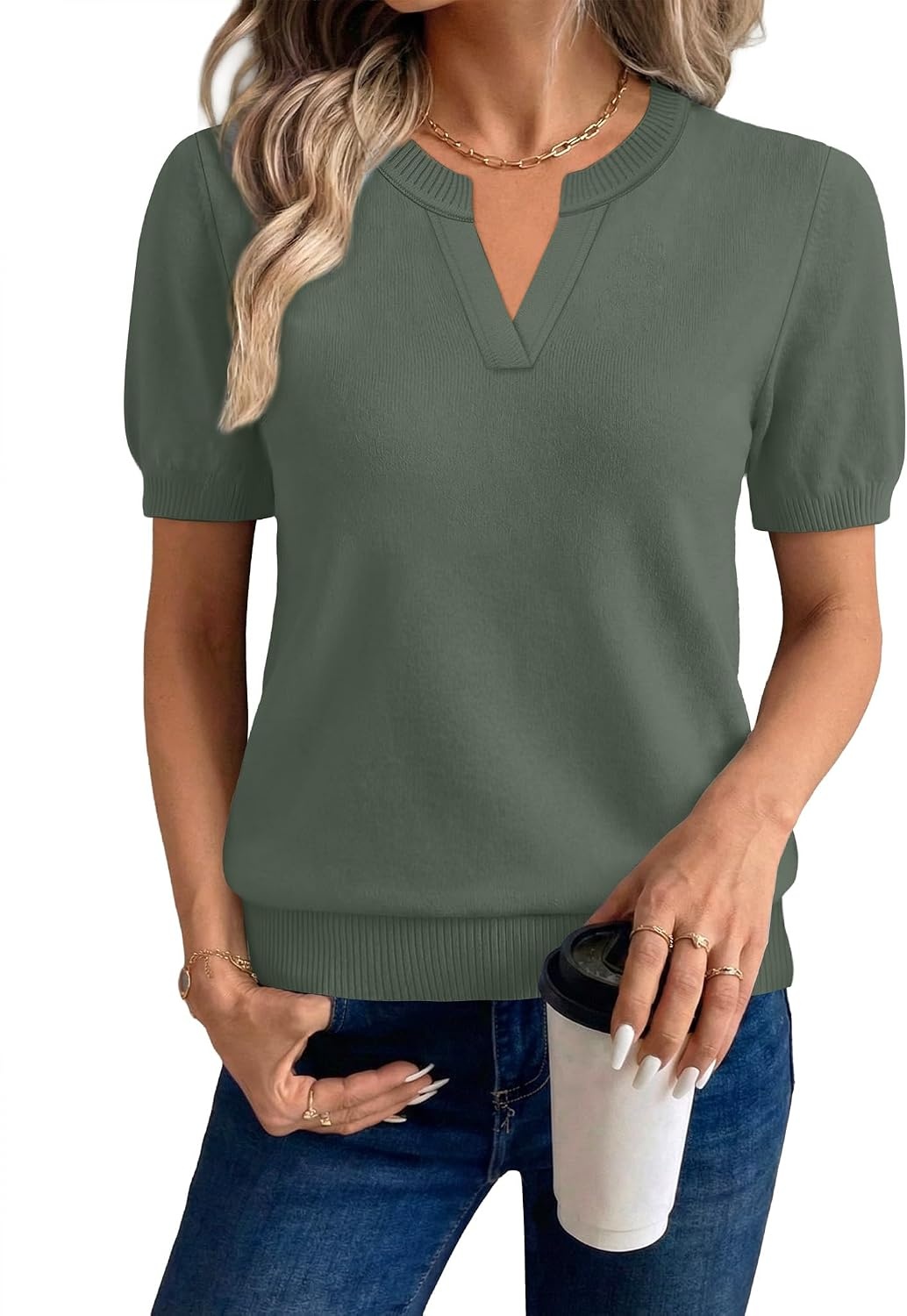 image:imageWIHOLL Short Sleeve Sweater Tops 2026 Spring Summer Trendy Knit Business Casual Essential V Neck Sweaters02 Green
