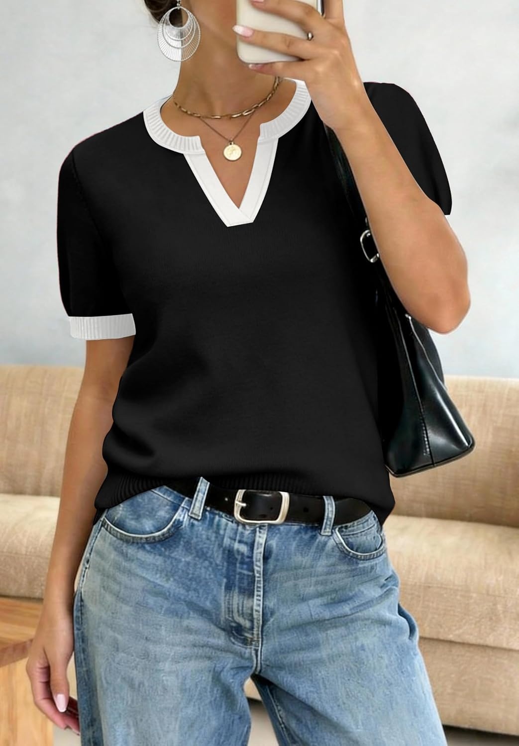 image:imageWIHOLL Short Sleeve Sweater Tops 2026 Spring Summer Trendy Knit Business Casual Essential V Neck Sweaters03 Black White