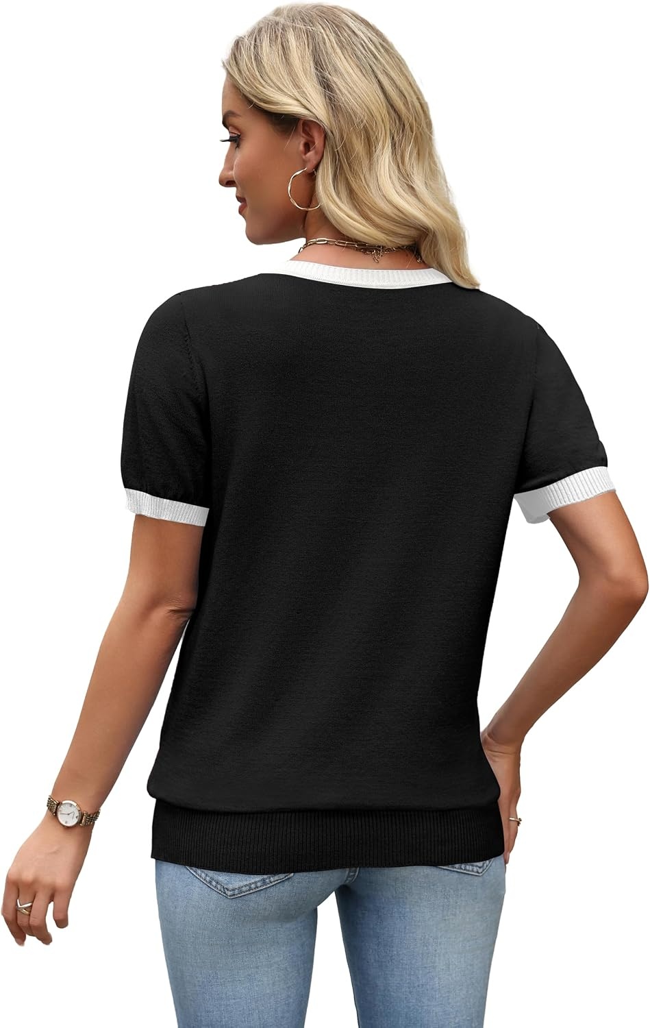 image:imageWIHOLL Short Sleeve Sweater Tops 2026 Spring Summer Trendy Knit Business Casual Essential V Neck Sweaters03 Black White