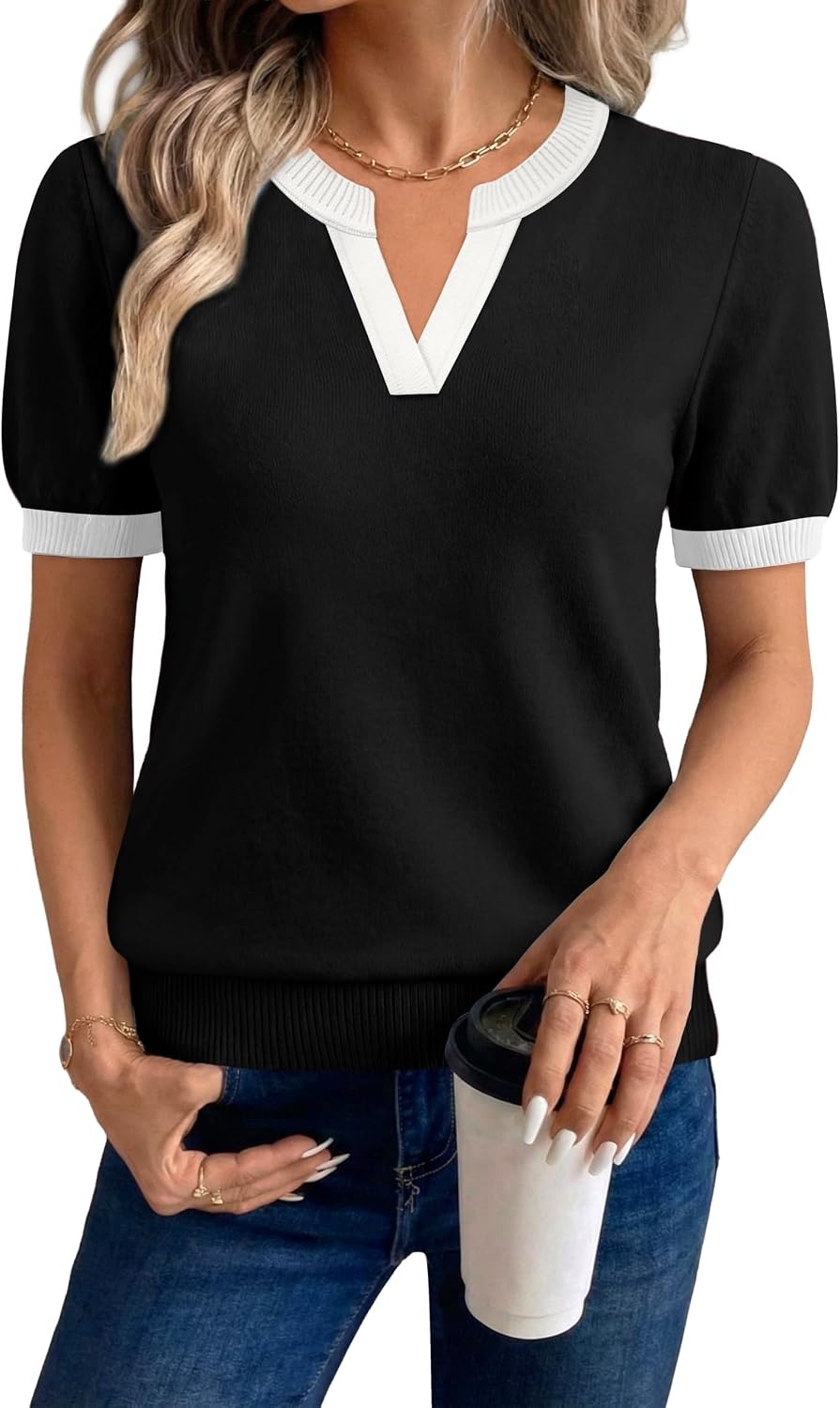 image:imageWIHOLL Short Sleeve Sweater Tops 2026 Spring Summer Trendy Knit Business Casual Essential V Neck Sweaters03 Black White