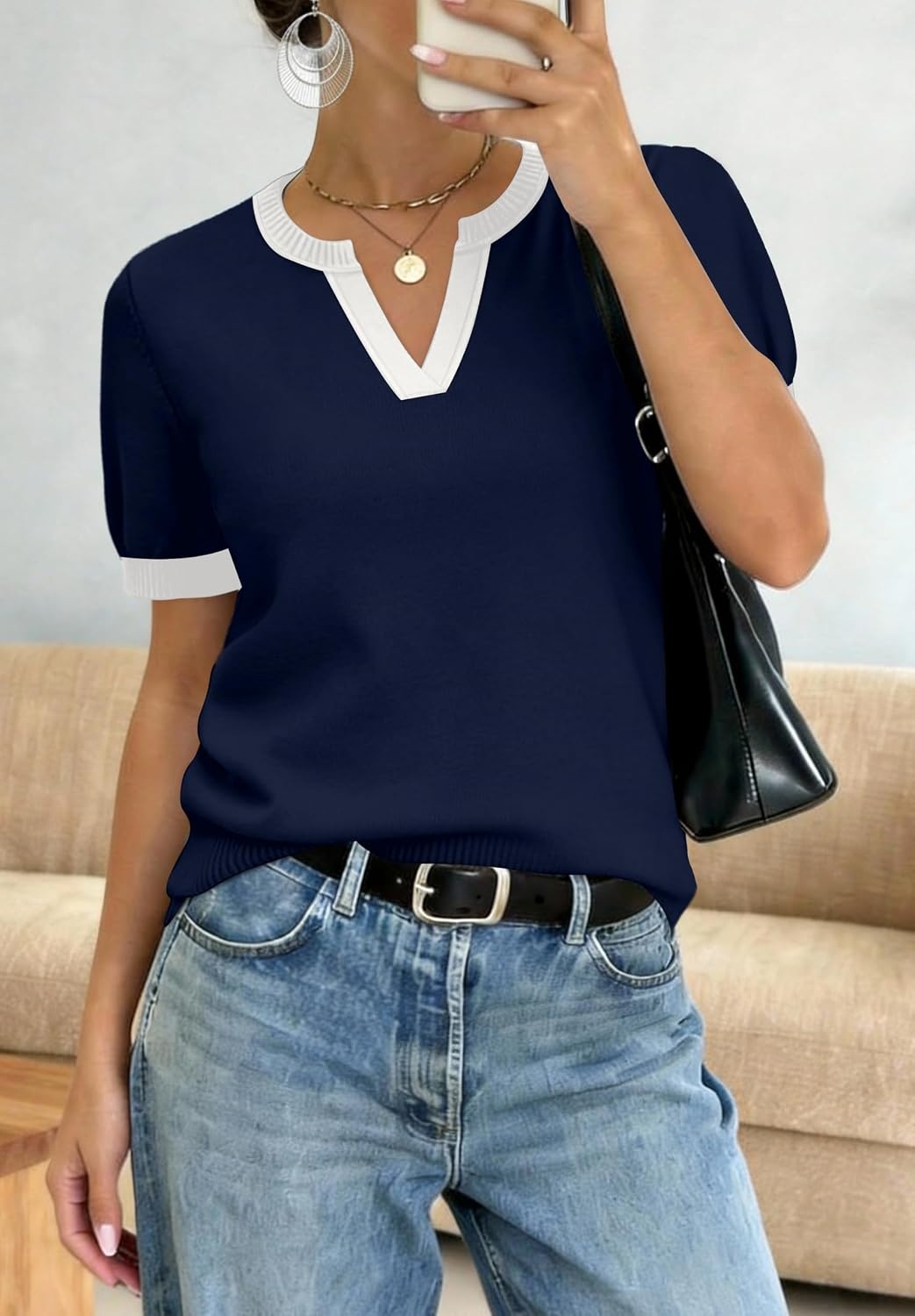 image:imageWIHOLL Short Sleeve Sweater Tops 2026 Spring Summer Trendy Knit Business Casual Essential V Neck Sweaters04 Navy White