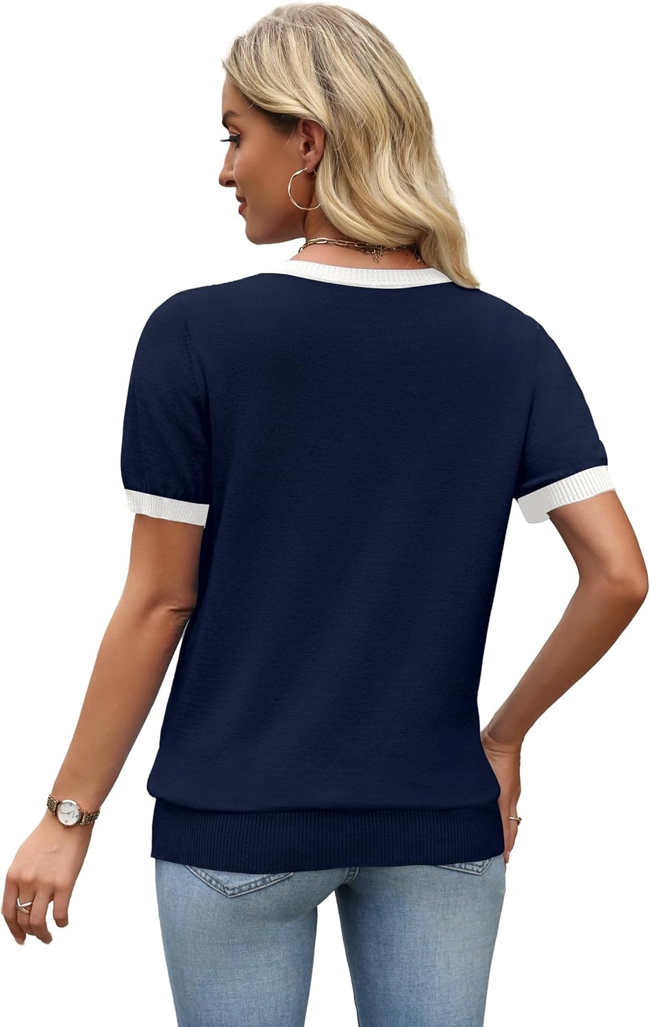 image:imageWIHOLL Short Sleeve Sweater Tops 2026 Spring Summer Trendy Knit Business Casual Essential V Neck Sweaters04 Navy White