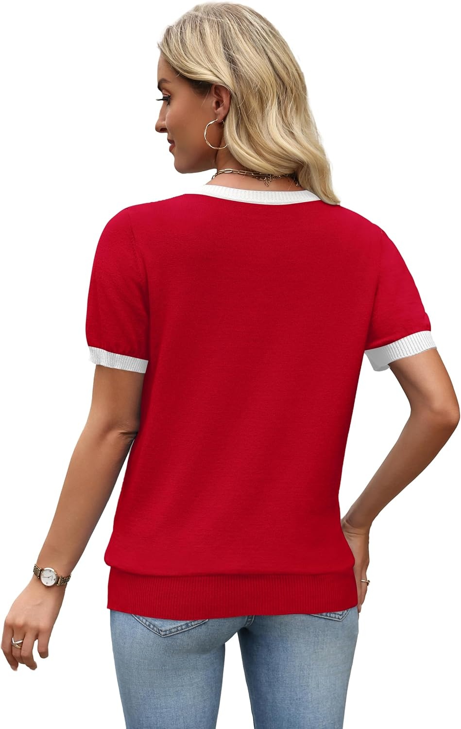 image:imageWIHOLL Short Sleeve Sweater Tops 2026 Spring Summer Trendy Knit Business Casual Essential V Neck Sweaters04 Red White
