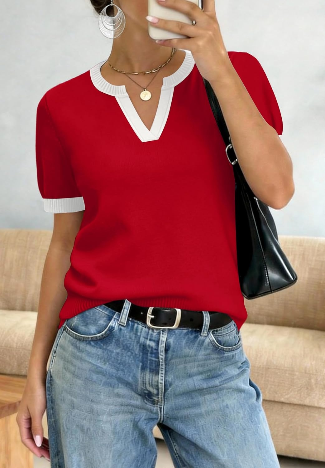 image:imageWIHOLL Short Sleeve Sweater Tops 2026 Spring Summer Trendy Knit Business Casual Essential V Neck Sweaters04 Red White