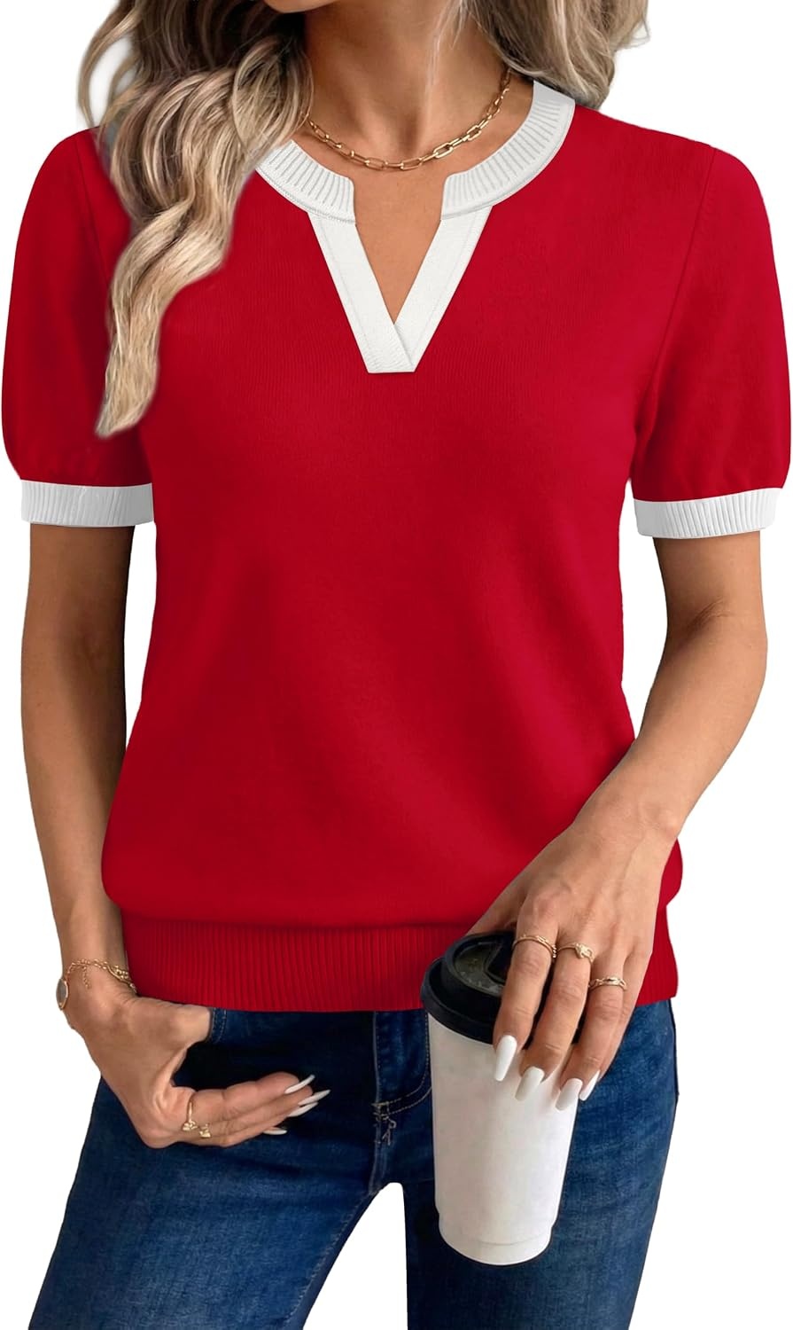 image:imageWIHOLL Short Sleeve Sweater Tops 2026 Spring Summer Trendy Knit Business Casual Essential V Neck Sweaters04 Red White