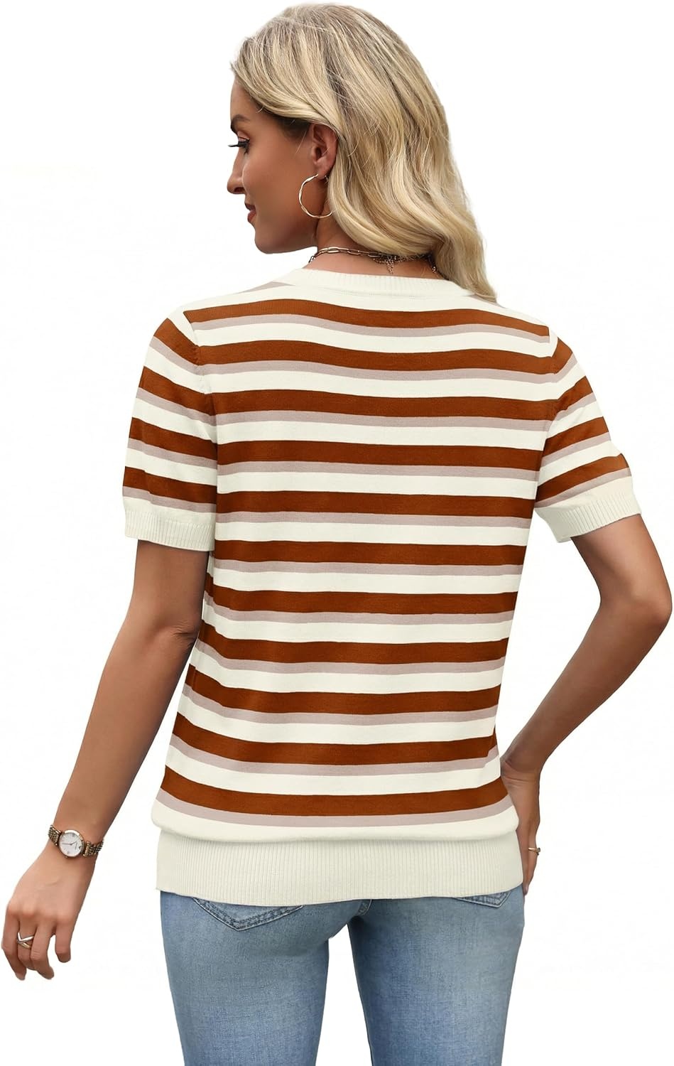 image:imageWIHOLL Short Sleeve Sweater Tops 2026 Spring Summer Trendy Knit Business Casual Essential V Neck Sweaters05 Brown Striped
